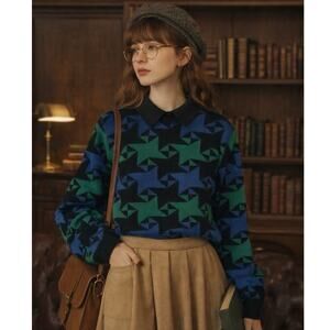 Vintage Alfred‎ Dunner Sweater Women's M Petite Retro Academia Preppy Blue Green